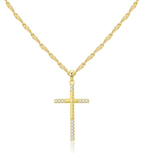 ALEXCRAFT Colliers Femmes Or, avec Pendentif Croix en Zircon, Colliers Réglables, Plaqué Or 14 Carats, Sans Nickel Etanche, Cadeau pour Femme, 41 + 5 cm