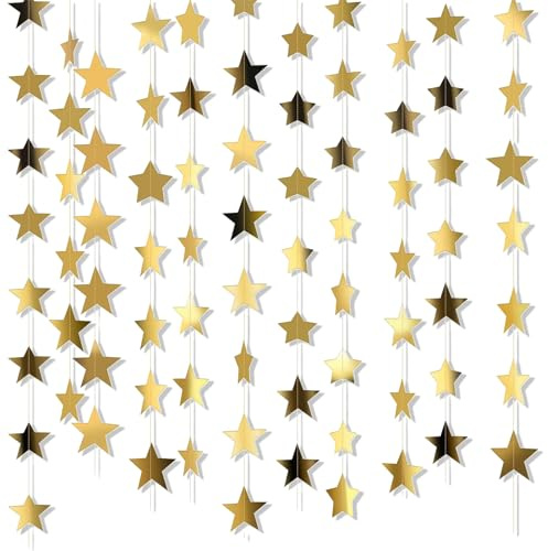 Lot de 4 guirlandes d'étoiles en papier doré - Décoration à paillettes - 4 m - Guirlande d'étoiles dorées - Pour mariage, Noël, anniversaire
