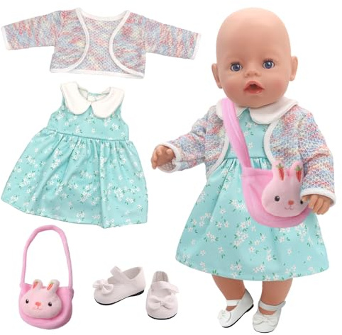 5 Pcs Doll Clothes for 12-18 Inch Dolls, Sweet Doll Outfit Dress for 30-43cm New Born Baby Doll with Jacket Dress Pink Rabbit Bag Butterfly Bow Shoes, Dolls Clothes Gift for Kids Daily Dressing Game