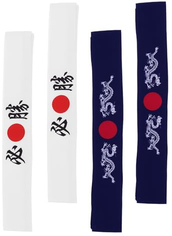 Ciieeo Diadema Japonesa 4 Piezas (2 Neutras 2 Azules Dragón) Banda Absorbente para Sudor, Tamaño Ajustable, Paño Tradicional para Karate, Chef Sushi y Disfraces Culturales