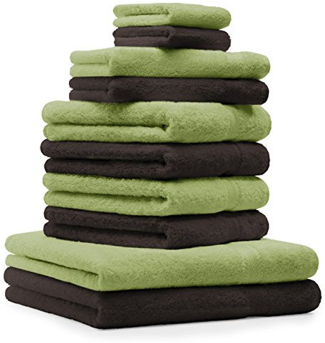 Betz 10-TLG. Handtuch-Set Premium 100% Baumwolle 2 Duschtücher 4 Handtücher 2 Gästetücher 2 Waschhandschuhe Farbe Apfel Grün & Dunkel Braun