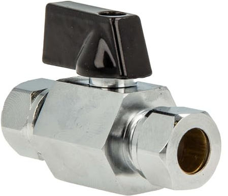 Tecuro Mini válvula de bola con anillo de sujeción para tubo de cobre Ø 10 mm en ambos lados - Latón niquelado - Rango de temperatura de -5 °C a + 110 °C