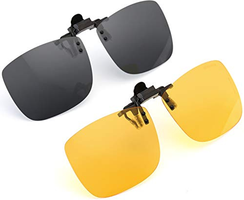 Polarized Clip-on Flip Up Metal Clip Rimless Sunglasses, Lightweight, Large Oversized, Set of 2 PCS (Black + Yellow)
