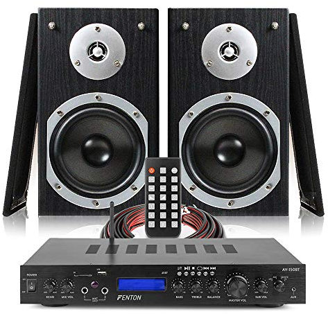 Fenton SHFB55B Hi-Fi Stereo Bookshelf Speaker System with AV-150BT 5-Channel Bluetooth Home Cinema Theatre Amplifier, FM Radio, USB, 140W, Cable Included, Black