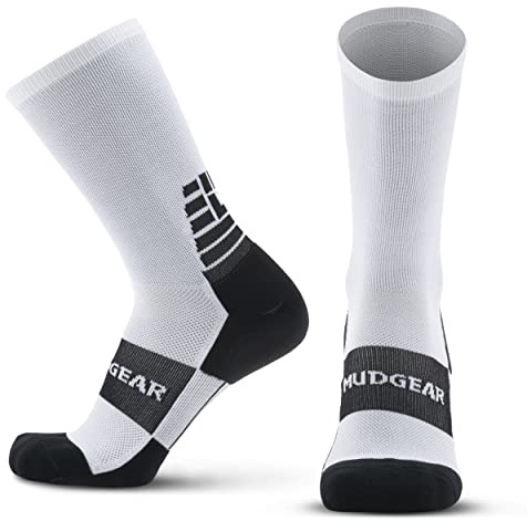 MudGear Crew Length Hiking Socks - Non-Wool Cushioned Hiking Trekking Socks for Women and Men - Mid-Calf Cold Weather Socks for Outdoor Sports as Hiking, Running, Camping (White, Medium)