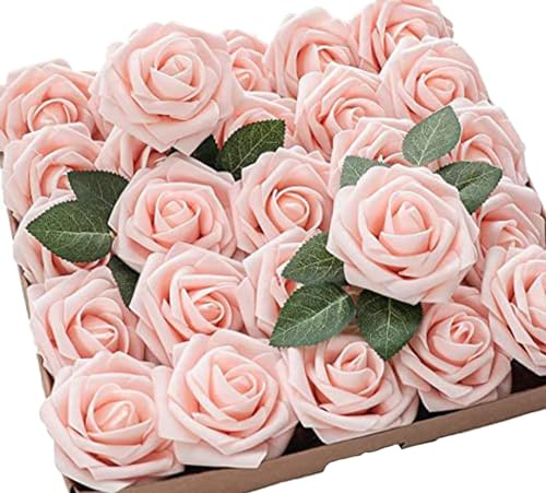 Haobase Flores artificiales de rosas, 25 rosas de espuma falsas de aspecto real para ramos de bricolaje, bodas, fiestas, centros de mesa, arreglos, baby shower, decoración del hogar (champán rosa)