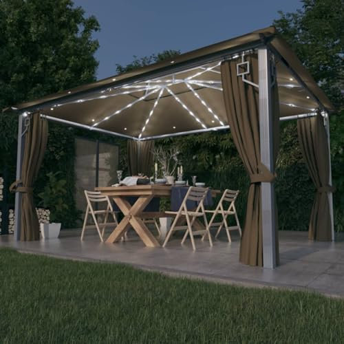 Gecheer Gazebo 4x3m con Tende e Luci LED, Pergola Esterna con Telo e Zanzariera, Padiglione Giardino per Feste e Barbecue - Grigio Talpa Alluminio