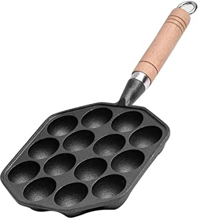 Sartén Takoyaki de 14 Orificios Máquina para Hacer Albóndigas de Carne de Pulpo de Hierro Fundido Antiadherente con Mango Desmontable Bandeja para Hornear Bolas de Sartén para el