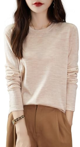 Chanyarn 100% Laine Mérinos T-Shirt Femme Tricot pour Voyage Randonnée Tshirt Manche Longues col Rond Chemise (Beige,XL)