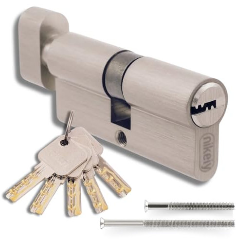 Cylindre avec bouton 40/40 mm avec 5 clés incluses, cylindre pour serrures à bouton robuste, y compris 2 vis, montable facilement, serrure pour porte et garage, longueur 80 mm