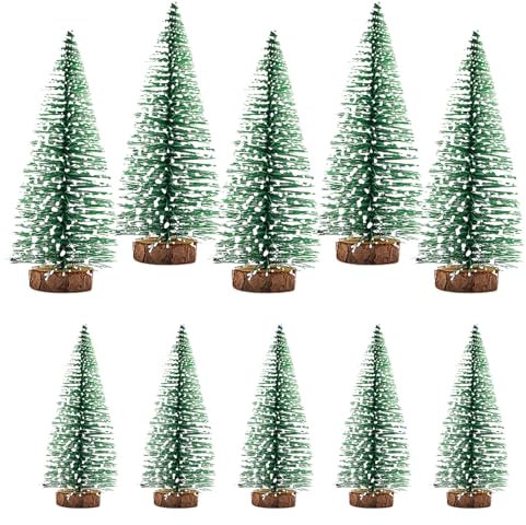 CONNECTION 10 Pezzi Mini Albero di Natale Artificiali 10/15 cm Albero di Natale in Miniatura con Base in Legno Pino Natale Sisal Snow Frost Alberi per Festa di Natale Camera Tavolo Vetrina (Verde)