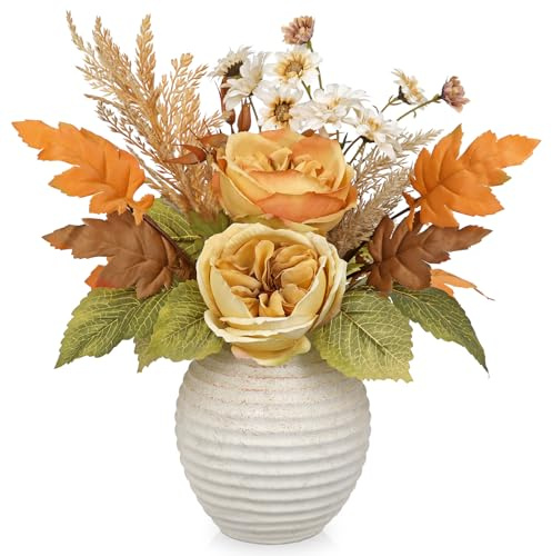Hollyone höst konstgjorda blommor gul konstgjord pion i vas med lönn solros vete dekorativ sidenblomma för höstdekorationer skörd halloween Thanksgiving bordsdekoration