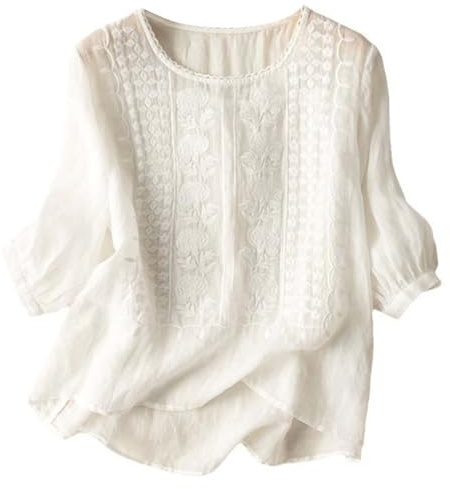 NaLatia Chemisier ample en gaze paysanne bohème décontracté brodé graphique floral 2024 chemise indienne à volants pour femmes âgées d'été tendance rétro dentelle printemps mignon