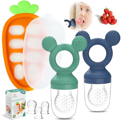 HAOBAOBEI Baby Fruit Feeder Set – 3-Size Silicone Teether with Ice Cube Tray | Leakproof Self-Feeder for 3-24 Months | BPA-Free, Dishwasher Safe | Baby-Led Weaning Essential (Green Blue)