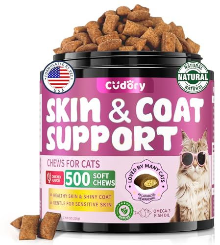 Omega 3 for Cats - 500 Skin & Coat Health Crunchy & Creamy Chews with Omega 3, Biotin & Vitamin E for Healthy Skin, Shiny Fur, Cat Supplements & Vitamins -Chicken Flavor