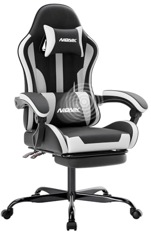 NIONIK Gaming Chair, Ergonomic Computer Chair with Footrest and Lumbar Support, Height Adjustable Game Chair with 360°-Swivel Seat and Headrest and for Office or Gaming Blackwhite