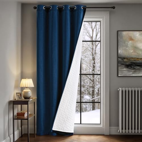 MIULEE Velvet Thermal Door Curtain Navy Blue Double Layer Quilted Blackout | Insulated Draft Blocker Heavy Duty Winter Thermal Lined Curtain for Front Door, Doorway, Living Room Indoor Privacy Divider