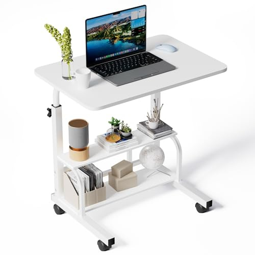 Warmiehomy Mobile Computer Desk with Storage Shelves, Height Adjustable Desk 60cmX40cmX89cm, Laptop Table on Wheels, Rolling Overbed Table for Home Office, White