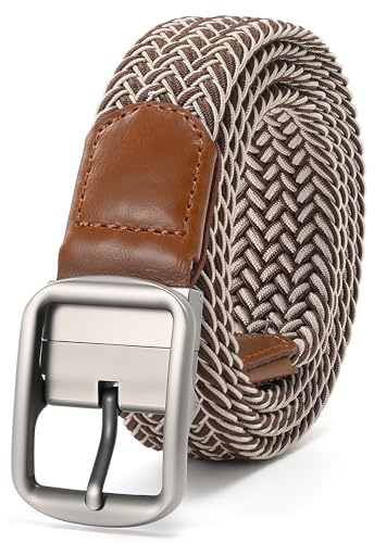 Mile High Life Men's Reversible Stretch Belt, Mens Gift Woven Braided Web Belt with Leather Trim for Golf Casual Pants Shirts Jeans,1 3/8