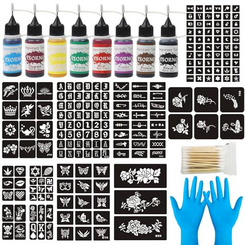 Kit de tatouages au henné 8 couleurs d'encre, avec 195 pochoirs avec gants et applicateurs pour tatouages créatifs, accessoires pour tatouages temporaires DIY art corporel, peinture, cadeaux de fête
