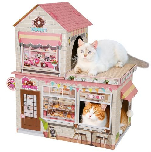 Cardboard Cat Houses for Indoor Cats - Kitten Scratcher Houses & Condos, Donuts Themed Hut Hideout Play House Bed with Scratching Pads, Scratch Box for Large Kitty Rabbit Bunny Small Animals
