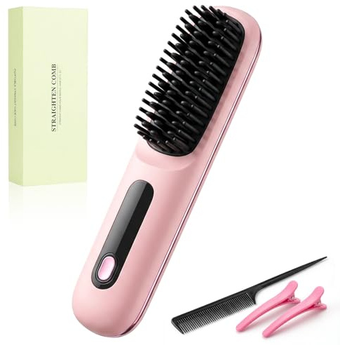 Cepillo Alisador sin Cable, 160°C-200°C con 3 Ajustes de Temperatura, Pantalla LED, Cepillo Termico Ligero para Alisar el Pelo, Ideal para Viajes y Uso Diario para Mujeres y Hombres