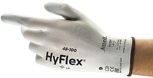 Ansell HyFlex 48-100 Guantes de Trabajo Finos, Alta Precisión Táctil, Forro Elástico con Revestimento de Poliuretano, Protección Multiusos, Bricolaje y Mecánica, Blanco, Talla M (12 Pares)