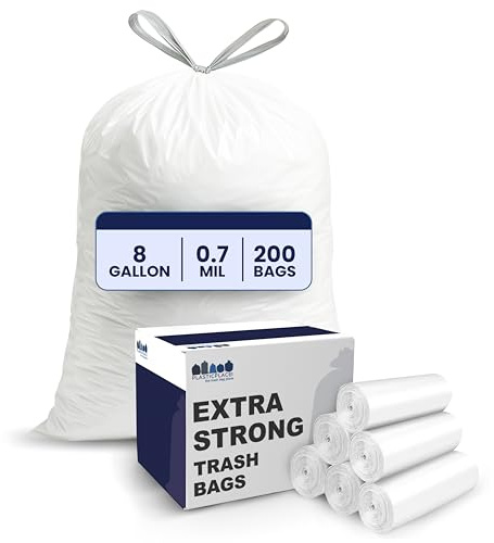 Plasticplace 8 Gallon Trash Bags -White Drawstring Garbage Can Liners - 200 Count - Leak-Resistant and Tear-Proof for Kitchen, Bathroom, Office, and Small Trash Cans 0.7 Mil