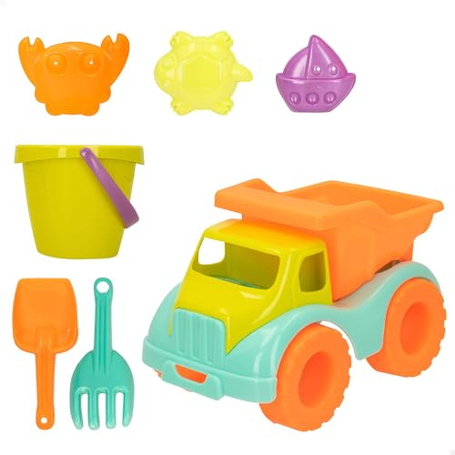COLORBABY Color Beach Set de playa infantil con camión volquete 30 cm, Pala, rastrillo, cubo y moldes, Juguete de arena para niños a partir +18 meses, Juegos verano, juguetes arena (43505)
