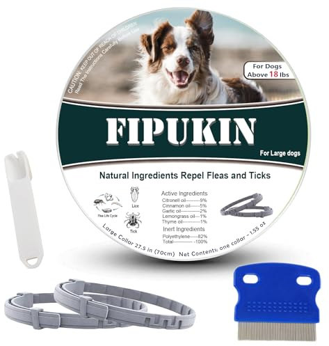 FIPUKIN Flea and Tick Collar for Large Dogs, 2‑Pack | 8‑Month Waterproof Protection with Natural Essential Oils | Includes Comb & Tick Removal Tool