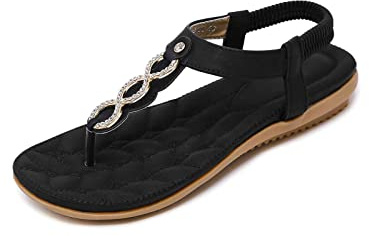 SANMIO Sandalias Planas de Verano para Mujer Tanga Bohemia con Correa en T Zapatos de Tanga Chanclas Estilo 2 Negro 42 EU
