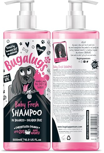 BUGALUGS Baby Fresh Dog Shampoo grooming products for smelly dogs with baby powder scent, best puppy shampoo and conditioner, Vegan pet shampoo professional (1x500ml)
