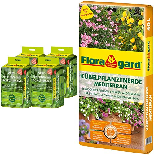 Floragard Aktiv-Grünpflanzen- und Palmenerde 4x20 L • Spezialerde für Palmen, Farne, Ficus • 80 L & Kübelpflanzenerde mediterran 40 L - Spezialerde für große Kübel, Zitruspflanzen, Oleander, Oliven