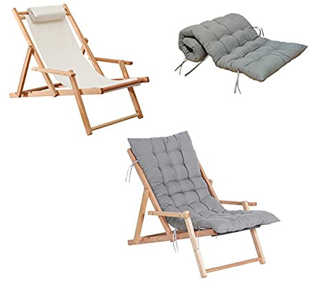 MEHWSUR Hopfällbar stol, massivt trä slingstol, strandstol, trästol, justerbar hopfällbar bambu, utomhus slunga stol med duk, trädäckstol bärbar loungestol (färg: vit)