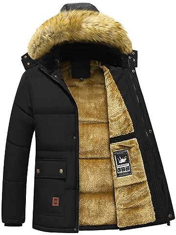 ANUFER Uomo Termico Inverno Giacca Parka Fodera in Lanugine Spessa Imbottitura in Cotone Cappotto con Cappuccio di Pelliccia Staccabile SD5A0831 Nero 2XL
