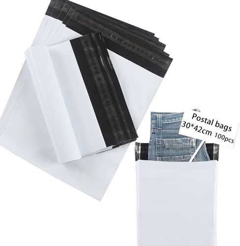 huruirui Enveloppe Plastique Expedition 30x42cm/100 Pièces Emballage Colis Vinted Plastiques Auto-Adhésive Inviolables et Imperméables Sacs d'expédition Pochette envoie colis vinted-Blanc