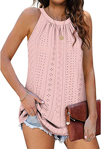 WNEEDU Camisetas sin Mangas para Mujer - Camisetas sin Mangas Elegantes de Verano - Blusas Camisetas Superiores Rosa M