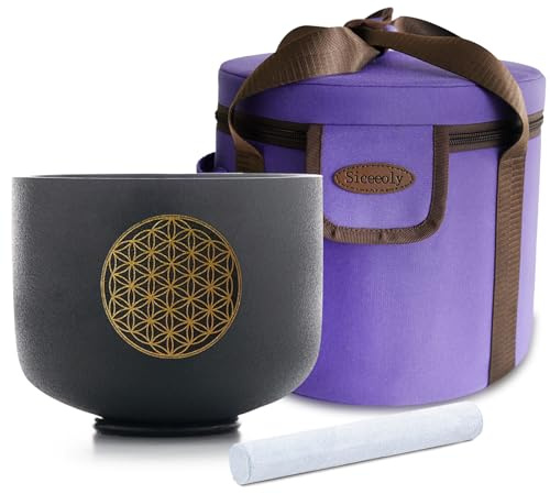 Siceeoly 8 C Note 528HZ Flower of Life Black Crystal Singing Bowl Frosted Quartz Root Base Chakra Meditation Sound Healing with Durable Carrying Case Suede Striker O-ring