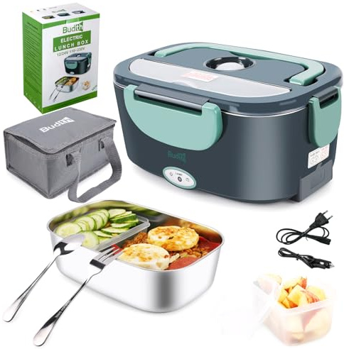 Budth 80W Scaldavivande Elettrico, Scaldavivande Portatile per Auto e Casa, Contenitore Rimovibile in Acciaio Inossidabile 304, Forchetta e Cucchiaio SS e Borsa Per il Trasporto (Grigio+Verde)