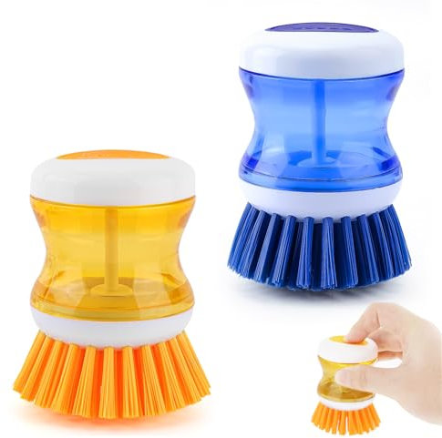 2 Stück Spülbürste mit Spülmittelspender, Befüllbare Küchenbürste mit Spülmittel, Reinigungsbürste zum Drücken mit Spülmittel, Geschirrbürste mit Spülmittel für Topf,Pfanne,Spülen