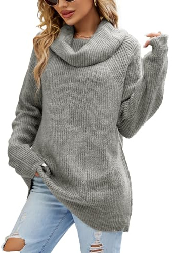 crazy bean Pull Femme Rochet Colle Roulé Longue Oversize Tricoté Pull d'hiver Ample Chaud Pullover Chic Et Elegant en Couleur Casual Grande Gris M