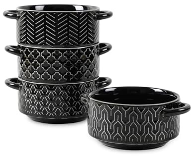 Sureasy 20 oz Soup Bowls with Handles, Ceramic French Onion Soup Bowls, Oven Safe Soup Crocks for Beef Stew, Chili, Cereal, Pot Pies, Embossed Serving Bowls Set of 4, Gift, Black
