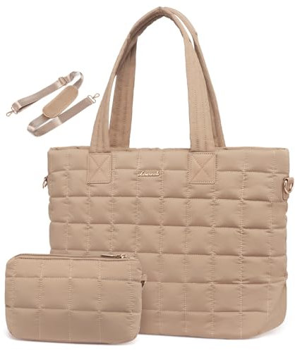 LOVEVOOK Laptoptasche Damen 15,6 Zoll，Laptop Handtasche Arbeitstasche Groß，Puffer Shopper Tasche Schulhandtasche Aktentasche Bürotasche Work Bag Women Schultertasche für Business Uni，Khaki