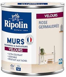 RIPOLIN - Peinture Intérieure Multi-Supports – Murs, Boiseries & Radiateurs – Ultra couvrante - Monocouche - Confort d'application - Aspect Velours - Rose Germaudree - 0,5L
