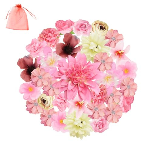 Auptiz 32 PCS Fiori Artificiali per Decorazioni, Rosa Mini Fiori Finti artificiali, Faux Flower artigianato Deco per DIY Matrimoni Mazzi Festa Casa Giardino Scrapbooking Artigianato (Rosa)
