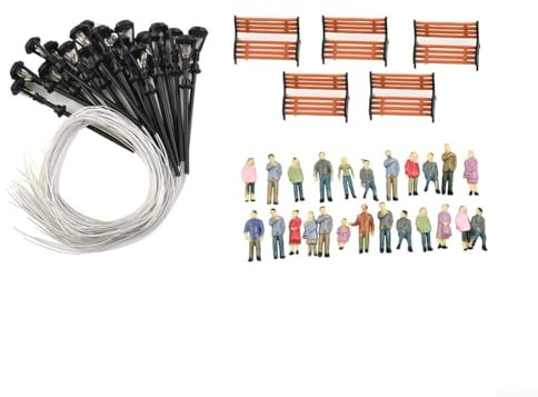 Añade realismo a tu modelo de trenes, paquete de 49 figuras de escala HO OO con banco y postes de lámpara