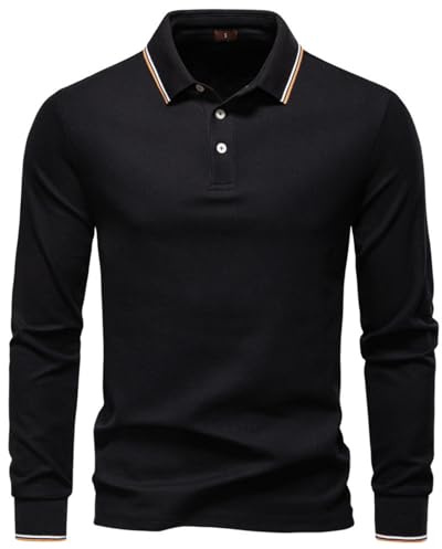 Kuukass Mens Polo Shirts Long Sleeve Golf Polo Shirts for Men Black Casual Workwear Office Tops M