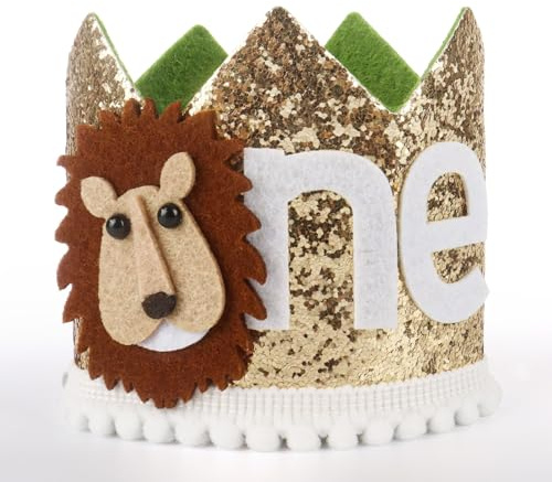 Wznnlt 1st Birthday Hat for Boys, Wild One Birthday Decorations, First Birthday Crown with Lion for Kids' Celebrations Hat01