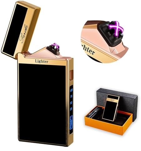 SKRFIRE Accendino elettrico al plasma ad arco antivento, ricaricabile tramite USB, con indicatore di batteria, per campeggio all'aperto, barbecue, regalo (oro)