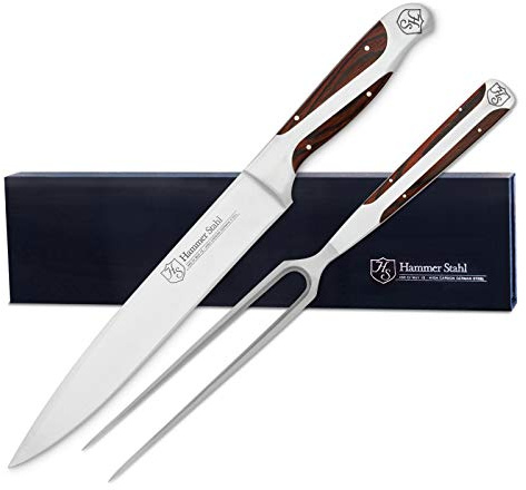 German Forged High Carbon Stainless Steel Carving Knife and Fork Set | Professional Meat Carving Set with Ergonomic Pakkawood Handle